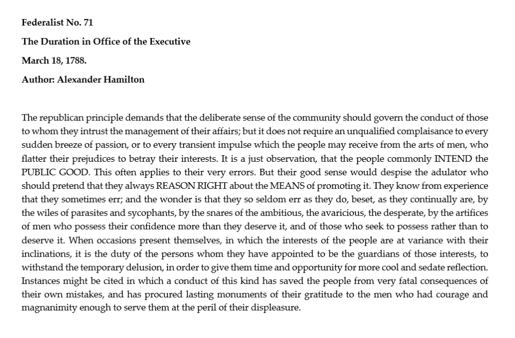 Federalist No. 71 : Hamilton on what leadership in democracy really is or should be